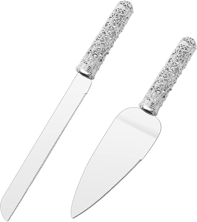 Wedding Silver Cake Knife and Server Set - 2 Pcs Dessert Set Metal Handle with Crystal Stones