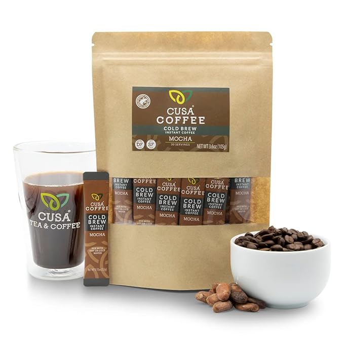 Cusa Tea & Coffee, Mocha Cold Brew. Premium Instant Coffee, Rainforest Alliance Certified Arabica