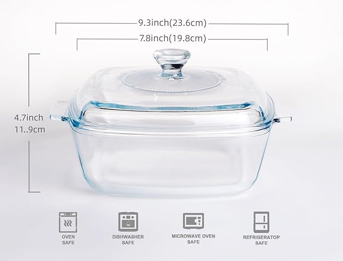 Clear Square Glass Casserole with Lid, Baking Dish with Glass Cover, Casserole for Oven, Freezer