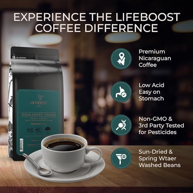 Lifeboost Highlander Grogg Whole Bean Coffee - Non-GMO Low Acid Single Origin Flavored Coffee Beans