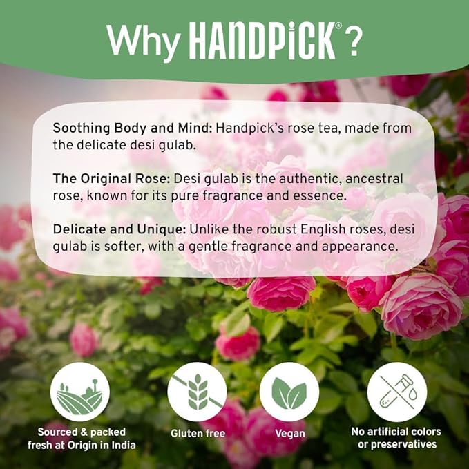 HANDPICK, Rose Buds Herbal Tea Bags - 50 Count | Caffeine Free Tulsi Tea with Chamomile & Rose