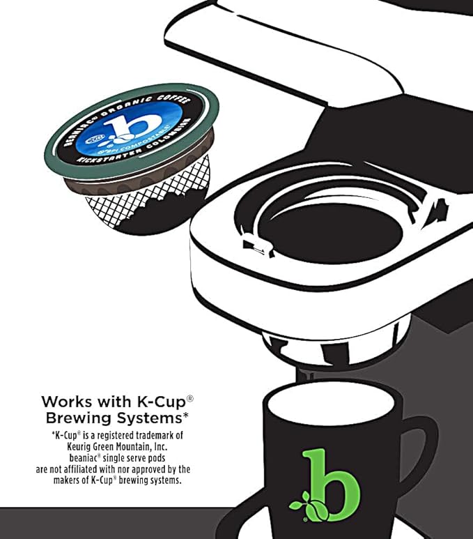 beaniac Organic Kickstarter Colombian, Medium Light Roast, Single Serve Compostable K Cup Coffee