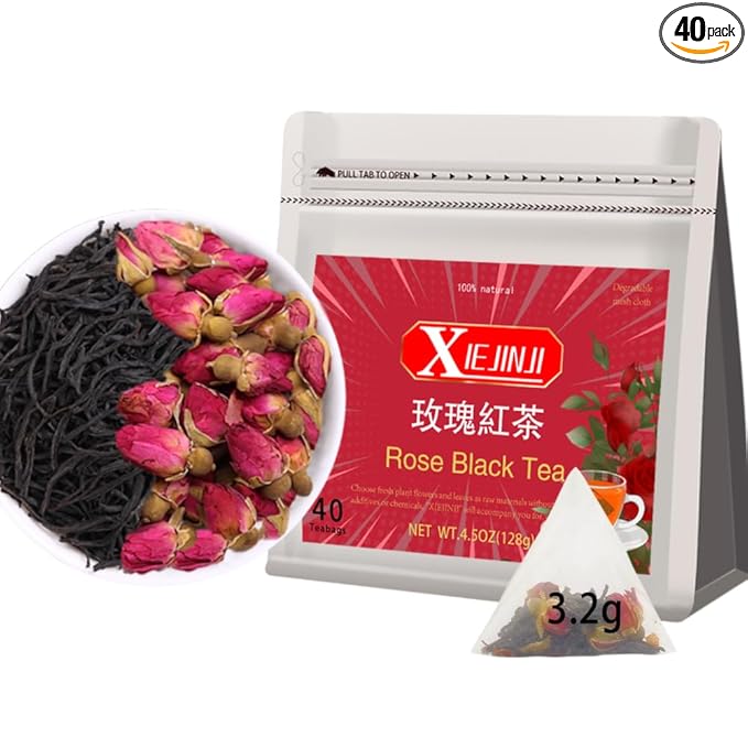 XIEJINJI Rose Black Tea - 40 Tea Bags, Natural Dried Rose and Black Tea Blend, AROMATIC & SMOOTH