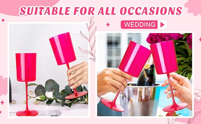 Ciaell 12 Pack Plastic Wine Glasses - 14Oz Hot Pink Plastic Wine Glasses With Stem - Disposable