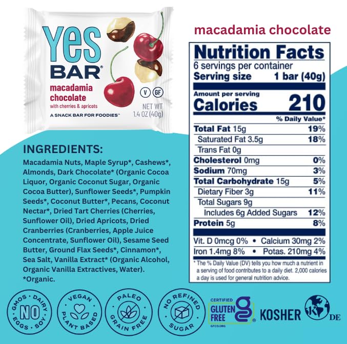 The YES Bar ??Macadamia Chocolate ??Plant Based Protein, Decadent Snack Bar ??Vegan, Paleo, Gluten