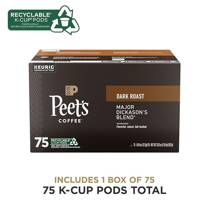 Peet's Coffee, Dark Roast Keurig K-Cup Pods - Major Dickason's Blend 75 Count (1 Box of 75 K-Cup
