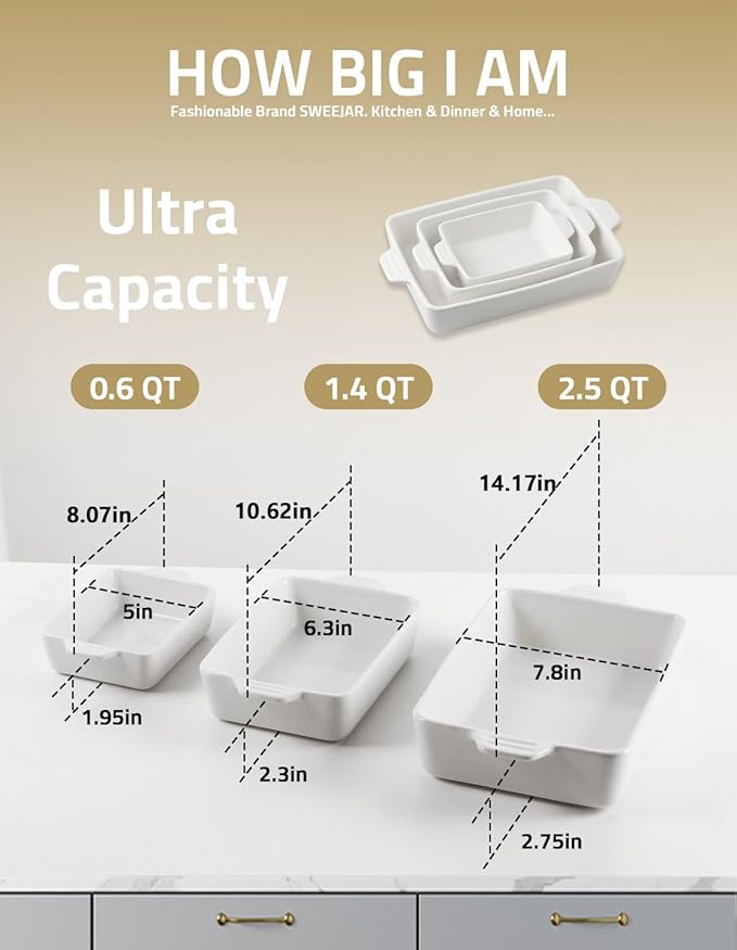 Sweejar Ceramic Bakeware Set, Rectangular Baking Dish for Oven Lasagna Pans for Cooking, Kitchen