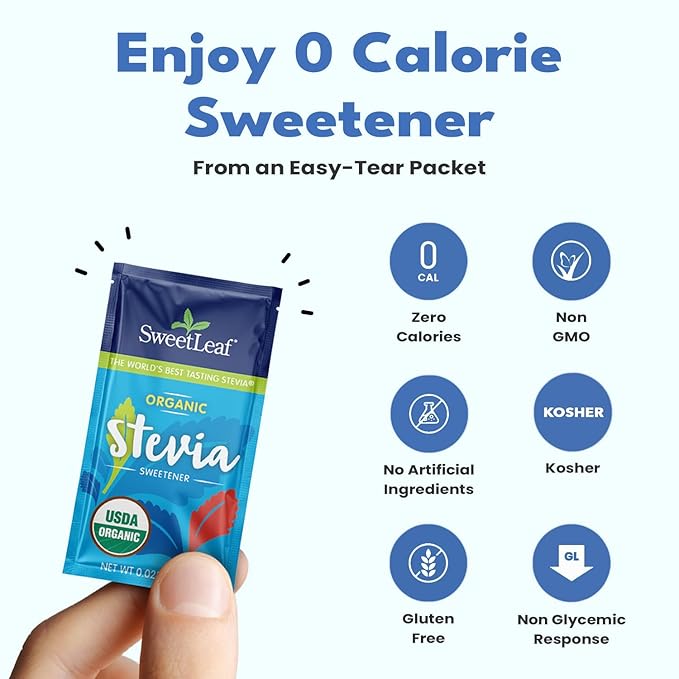 SweetLeaf Organic Stevia Packets - Zero Calorie Stevia Powder, No Bitter Aftertaste, Sugar