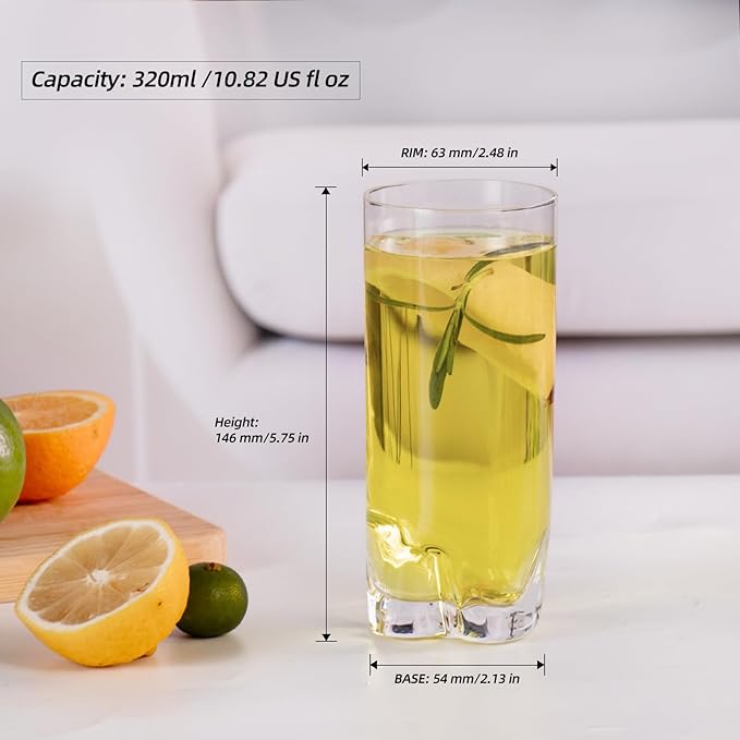 KAMMAK Drinking Glasses Set of 2, 11oz Crystal Water Glasses, Tall Glass Cups, Highball Glass for