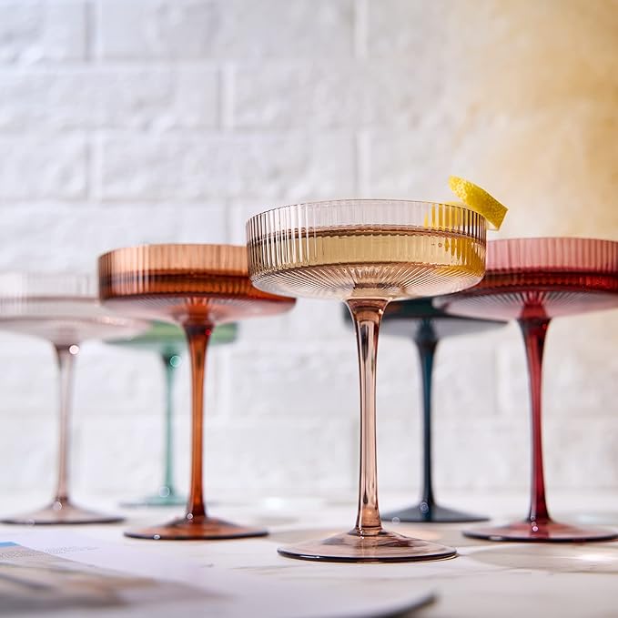 Colored Vintage Art Deco Coupe Glasses - Martini, Cocktail & Champagne Ribbed Glasses 7oz | Set of
