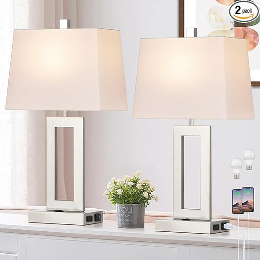 Table Lamp Set of 2 with USB C+A Ports & AC Outlet, Bedside Lamps, Modern Bedroom Lamps, Silver Lamps for Night Stands Bedroom Living Room,Nightstand Lamp