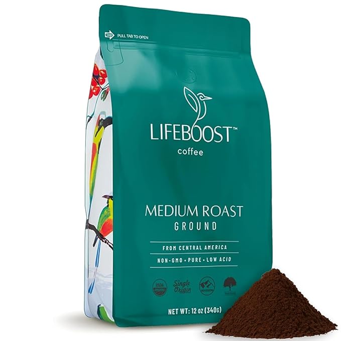 Lifeboost Coffee Ground Medium Roast Coffee - Low Acid Single Origin USDA Organic Coffee - Non-GMO