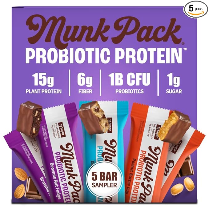 Munk Pack 15g Probiotic Keto Protein Bars - Low Sugar, High Protein -1g Sugar, 4g Net Carbs. Vegan