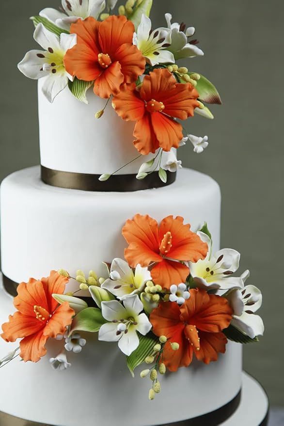 Global Sugar Art Hibiscus Sugar Cake Flowers Spray, Orange Hawaiian Cake Flower Large, 1 Count by