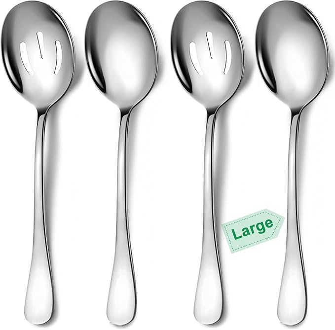 4 Piece Stainless Steel Serving Spoons Set, 10-Inch, Includes 2 Large, 2 Slotted, for