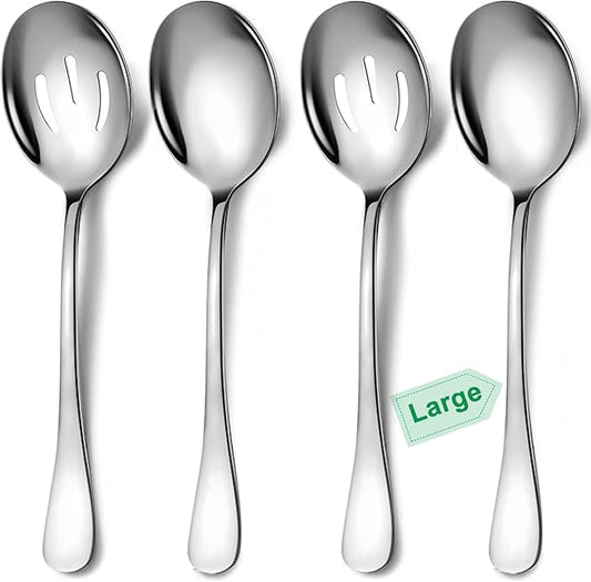 4 Piece Stainless Steel Serving Spoons Set, 10-Inch, Includes 2 Large, 2 Slotted, for