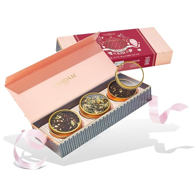 VAHDAM, BLUSH - Assorted Tea Gift Set for Women (3 Premium Teas) Tin Caddy Presentation Box | Loose