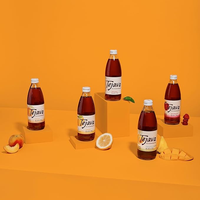 Tejava Lemon Black Iced Tea, 4 Pack, 12oz Glass Bottles, Unsweetened, Non-GMO, Kosher, No Sugar or