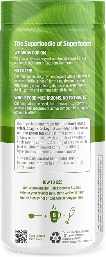 Om Mushroom Superfood Matcha Latte Blend Mushroom Powder, 8.47 Ounce Canister, 30 Servings, Green