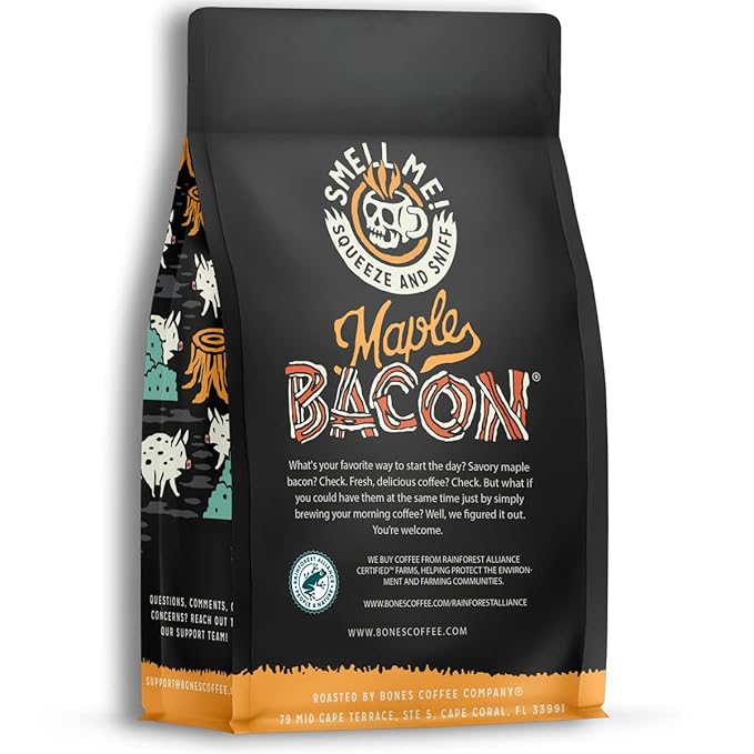 Bones Coffee Company Maple Bacon, Bacon and Maple Syrup Flavored Coffee, Medium Roast Low Acid