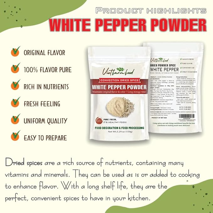WHITE PEPPER POWDER 5.29 Oz (150g) VIETFARMFOOD: Natural pure, convection dried seasoning made from