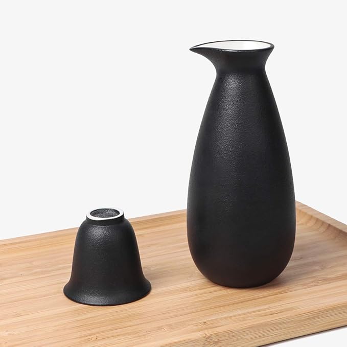 Bgbg Ceramic Sake Set with Warmer Pot Bamboo Tray-Traditional Japanese Pottery Hot Saki Set