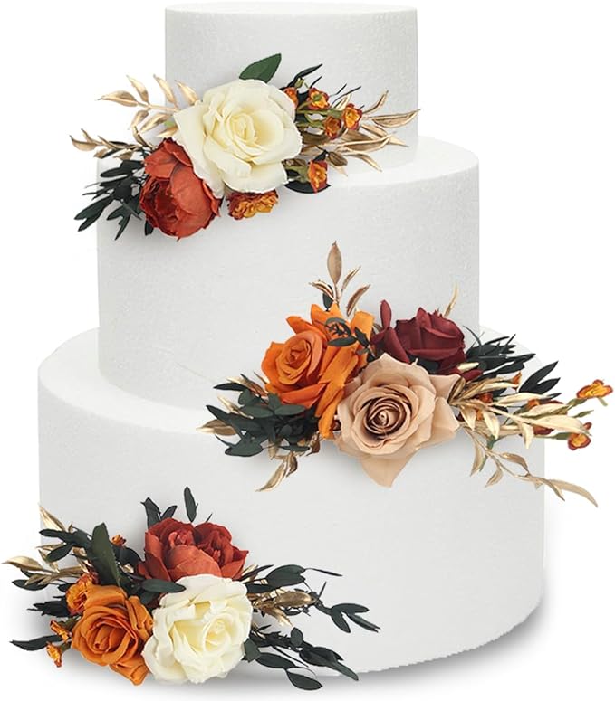 Rinlong 3Pcs Pre-made Cake Topper Cake Decorating Flowers for Cake Decor Boho Burnt Orange Fall