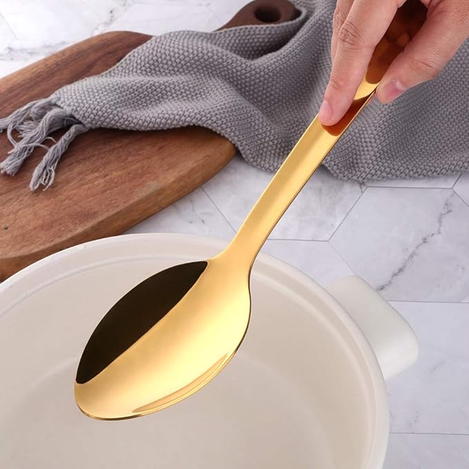 Stainless Steel Serving Spoons: Long Handle Flatware Set of 6 - Large Metal Kitchen Serving