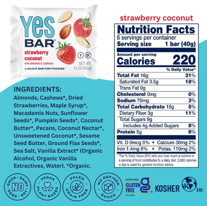 The YES Bar ??Strawberry Coconut ??Plant Based Protein, Decadent Snack Bar ??Vegan, Paleo, Gluten