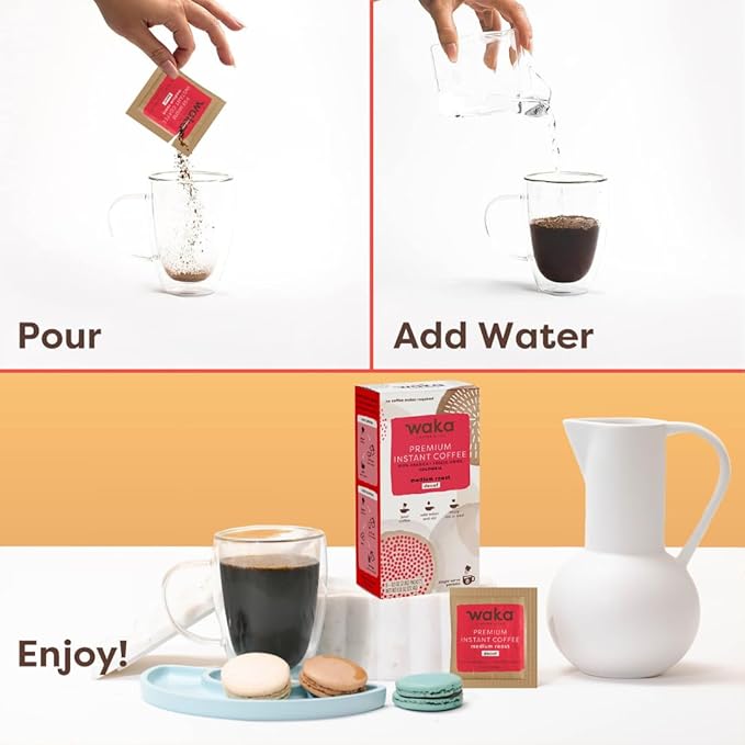 Waka Premium Decaf Instant Coffee Sachets — 100% Arabica Freeze Dried Beans — For Hot or Iced