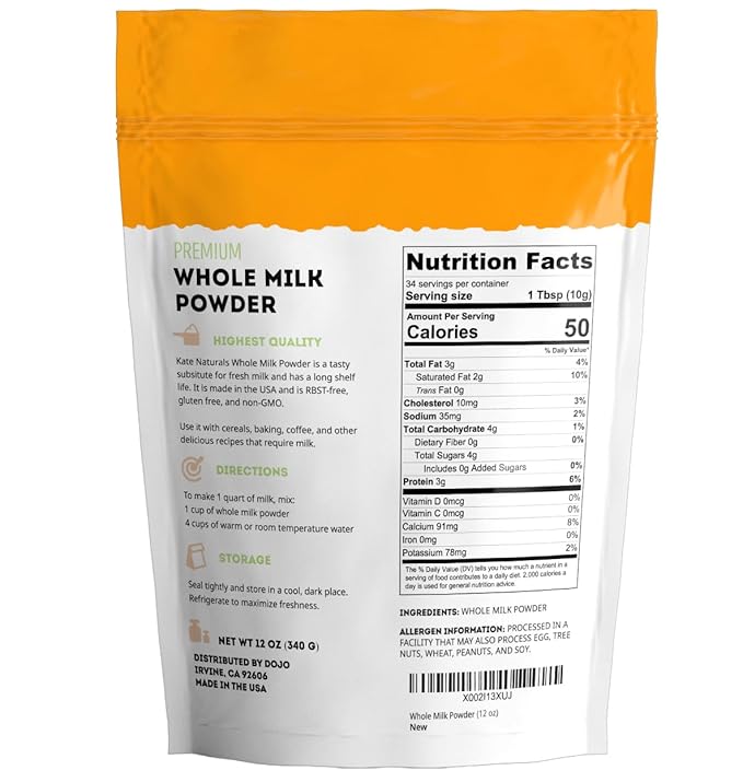 Kate Naturals Dry Whole Milk Powder for Baking, Coffee & Milkshakes (12oz) RBST-Free, Made in USA