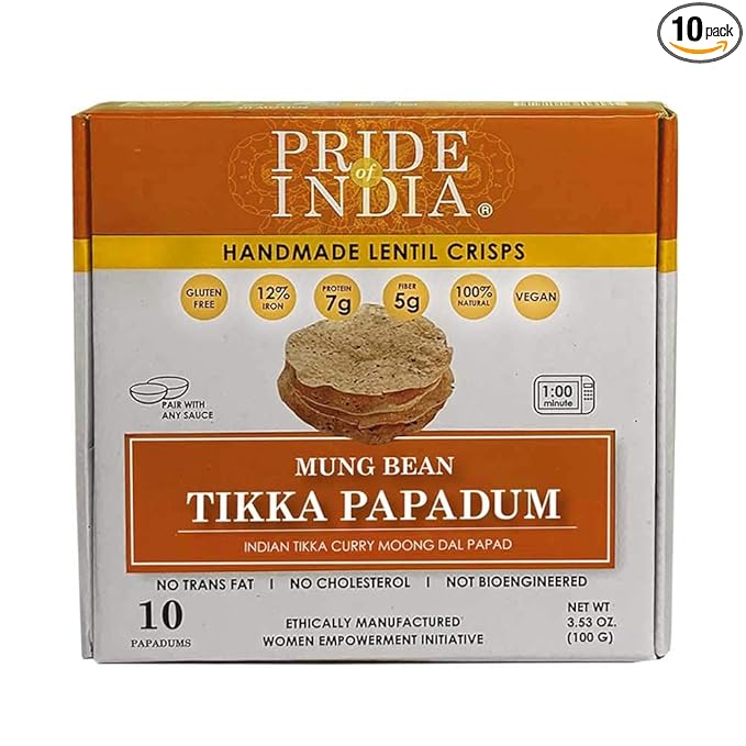 Pride Of India - Tikka Curry Mung Bean (Moong Dal) Papadum Lentil Crisp, 10 count (3.53oz - 100gm)