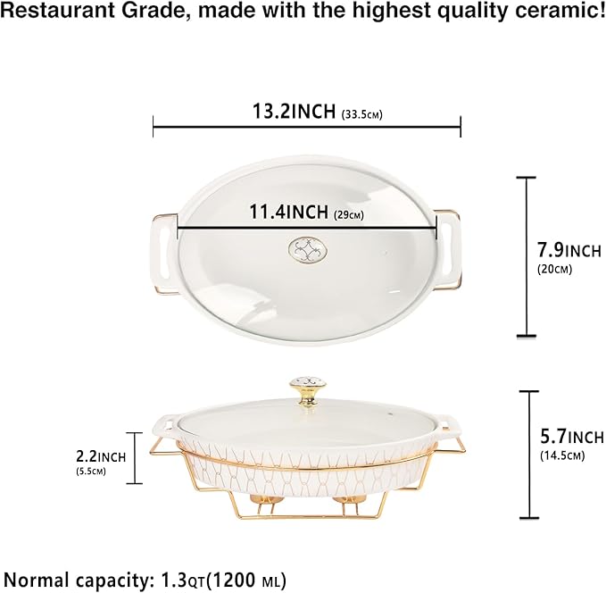 11" x 7.5" Ceramic Oval Casserole Dish with Glass Lid and Gold rack, 40 Ounce Serving Soup