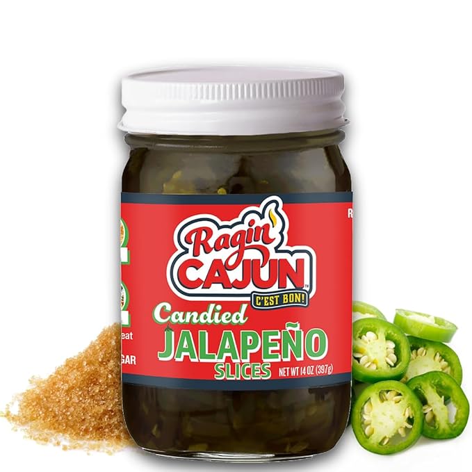 Ragin' Cajun Candied Jalape챰o Slices - 14 fl oz Jar, All Natural - Sweet Spicy Louisiana Condiment
