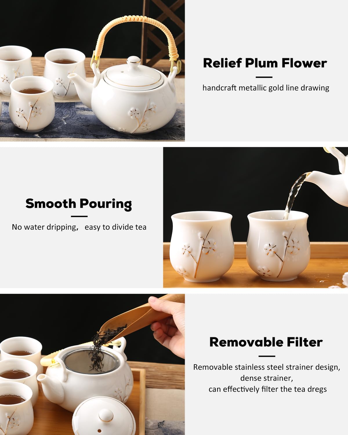 Dujust Japanese White Porcelain Tea Set - Teapot, 6 Tea Cups, Tray & Stainless Infuser - Plum in