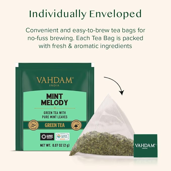 VAHDAM, Mint Green Tea Bags (30 Count) 100% Pure Leaf Tea, High Grown, Low Caffeine, Non GMO