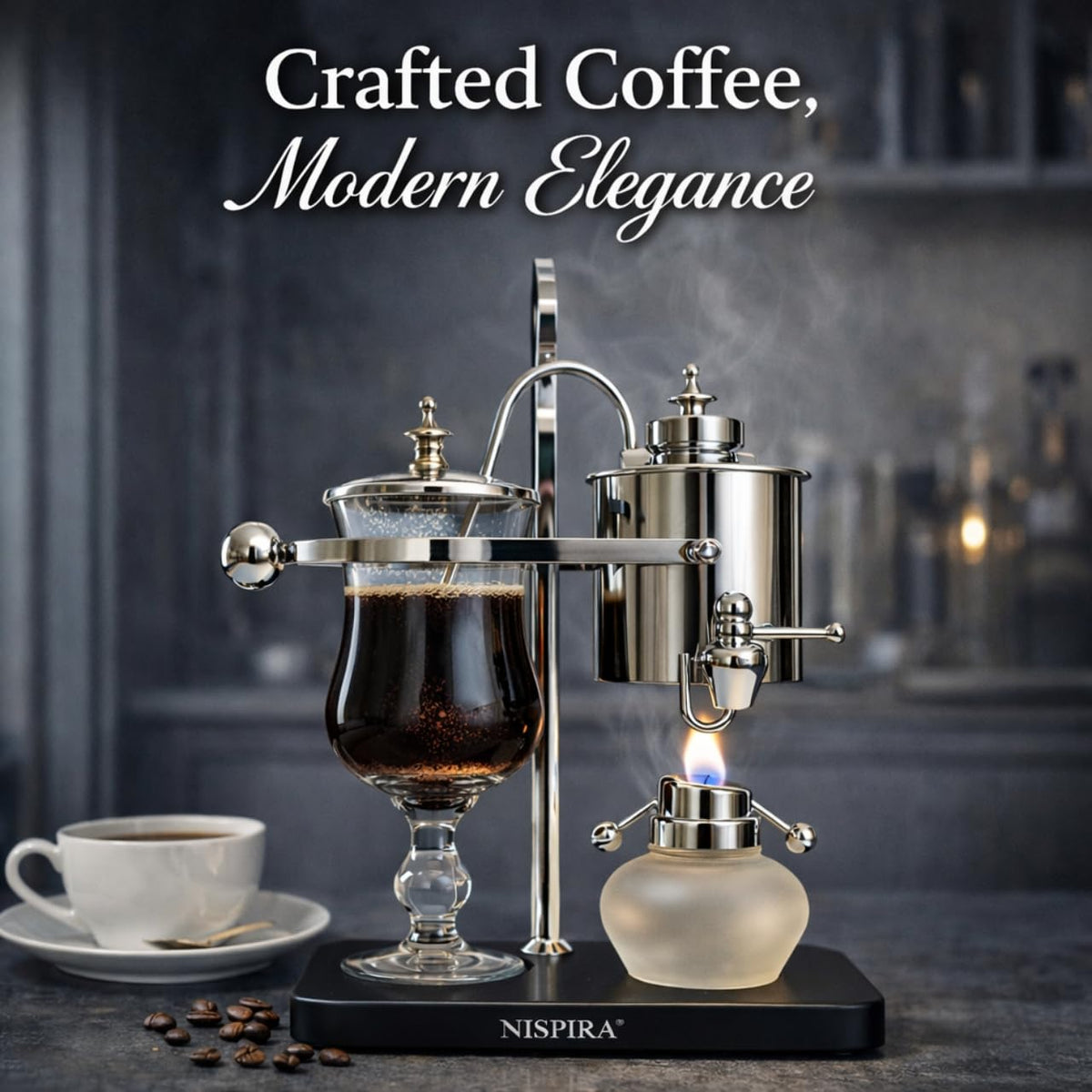 Nispira Belgian Balance Syphon Vacuum Coffee Maker, 500 ml Vintage Gravity Brewing System, Silver