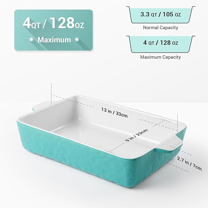 4 QT Baking Dish, Casserole Dishes for Oven, 9x13 Baking Pan with Handles, Lasagna Pan Deep