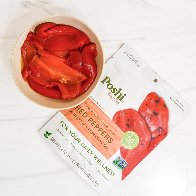 POSHI Flame Roasted Red Peppers in Extra Virgin Olive Oil Natural, Keto, Vegan, Non GMO, Low Carb +