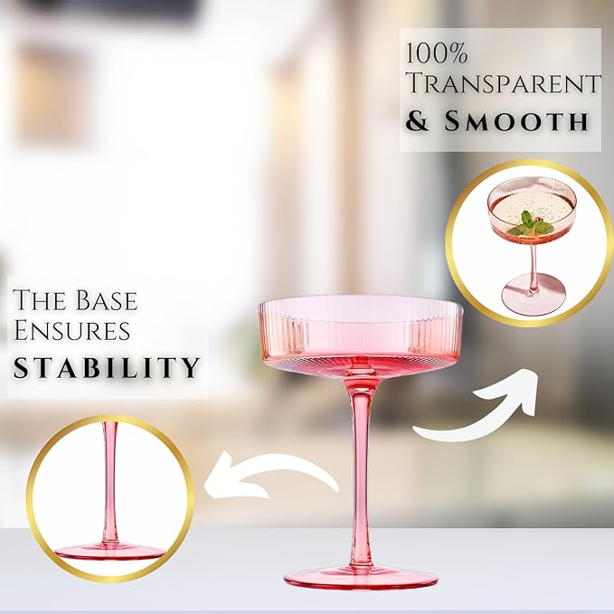 Khen Pastels Colored Vintage Art Deco Coupe Glasses - Martini, Cocktail & Champagne Ribbed Glasses
