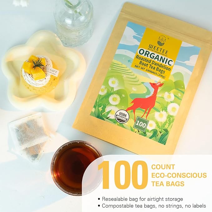 WT WEETEE Organic Roasted Dandelion Root Tea Bags, Dandelion Herbal Tea 100 Count, Caffeine Free