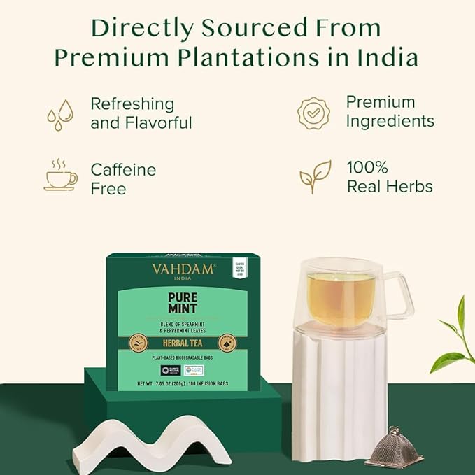 VAHDAM, Pure Mint Herbal Tea (100 Pyramid Tea Bags) Caffeine Free, Non GMO, Gluten Free | Blend of