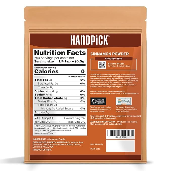 HANDPICK, Cinnamon Powder (397g/14oz) Non GMO, Gluten Free, 100% Raw, Sourced from South India, For