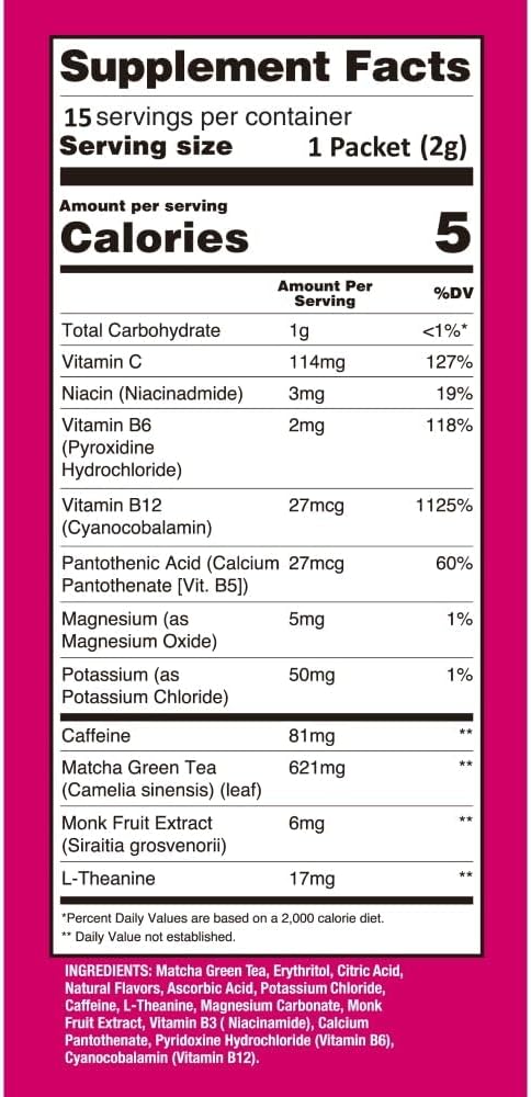 Ujido Matcha Energy Packets, Strawberry Flavor, Sugar-Free, Monkfruit, Non-GMO, Antioxidant, Keto &