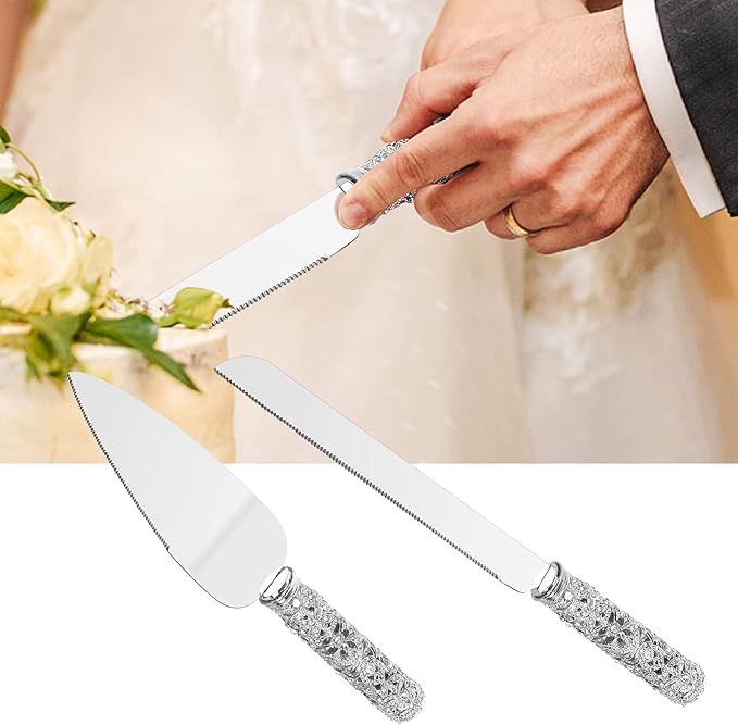 Wedding Cake Knife and Server Set - 2 Piece Dessert Set Metal Handle with Crystal Stones Decoration
