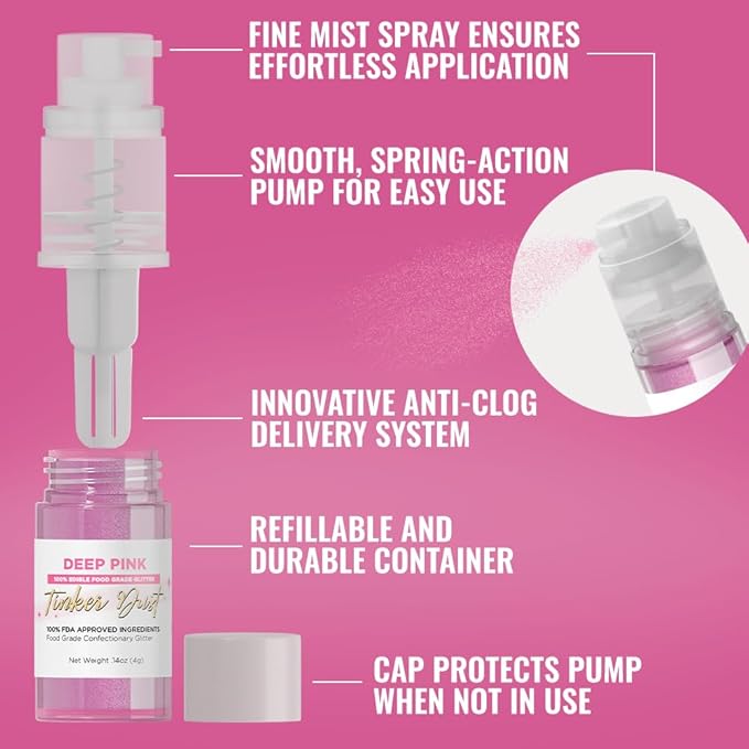 Bakell - Deep Pink Tinker Dust Edible Glitter (4g, 1x Mini Spray Pump) Food, Desserts, and