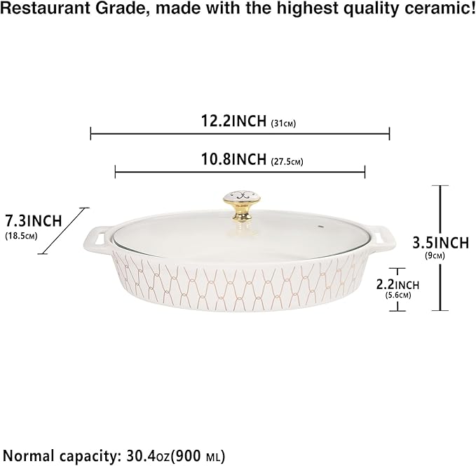 10" x 7" Ceramic Oval Casserole Dish with Glass Lid, 30 Ounce Serving Soup Tureen,Chafing Dish for