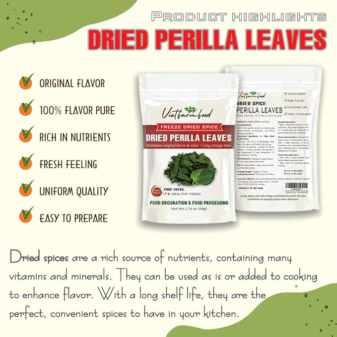 DRIED PERILLA LEAVES 1.76 Oz (50g) VIETFARMFOOD: Pure, natural freeze-dried spice made from real
