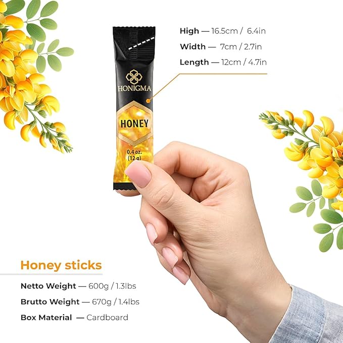 HONIGMA® Deliciously Sweet Acacia Honey Sticks - 50 Count (12g each) | Pure Ukrainian Honey |