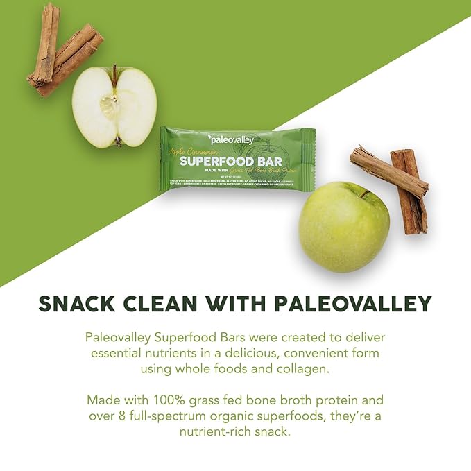 Paleovalley Superfood Bars – Apple Cinnamon– 12 Pack – 9g Protein per Bar – Gluten-Free